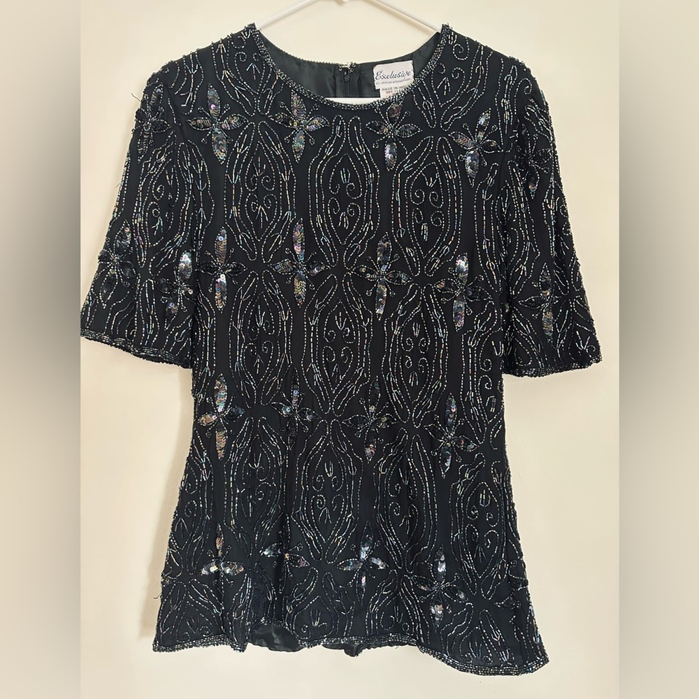 Vtg Exclusive by Jainsons International Black Silk & Iridescent Beads Sequin Top